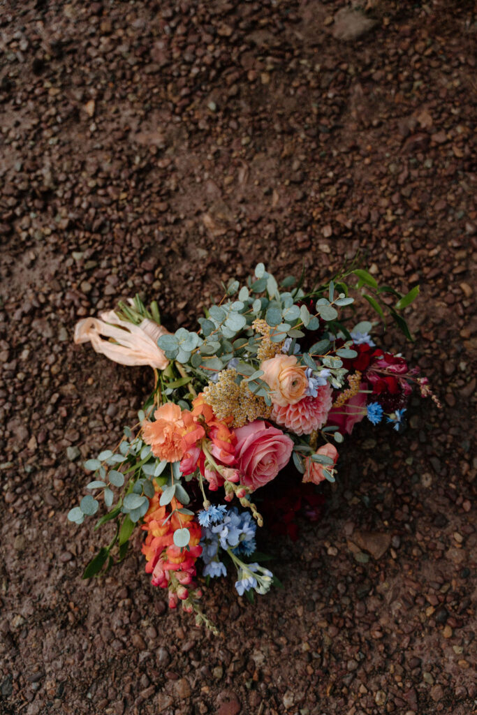 Whimsical bridal bouquet for a  mountain wedding