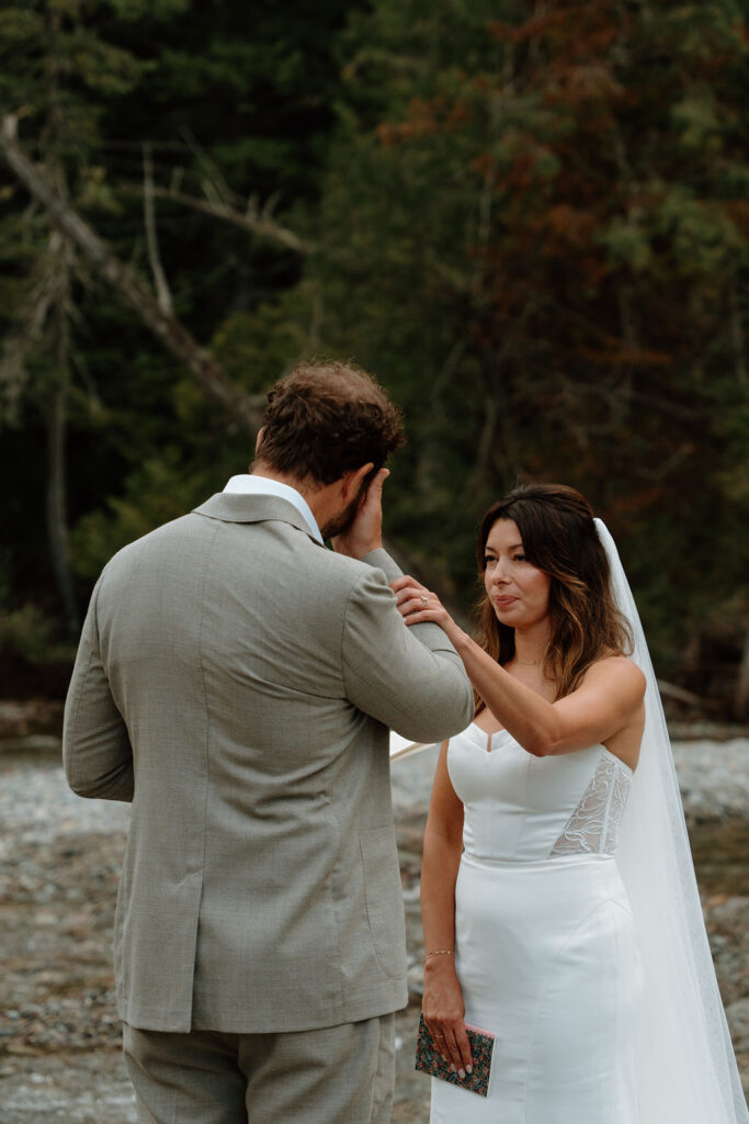 Emotional private vow exchange at Avalanche Creek Picnic Area