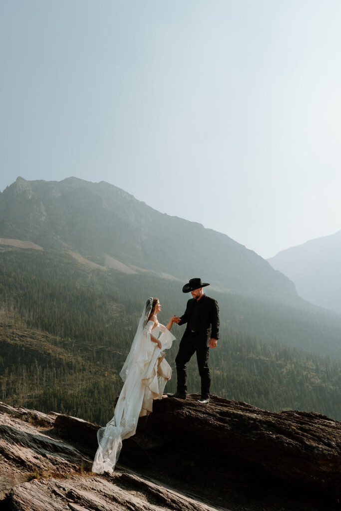 Newlywed portraits at Sun Point in Glacier National Park