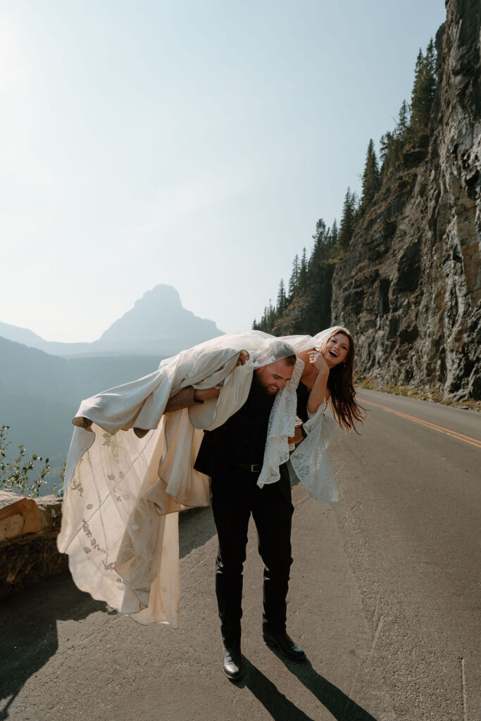 Carefree bridal portraits at Going to the Sun Road in Northwest Montana