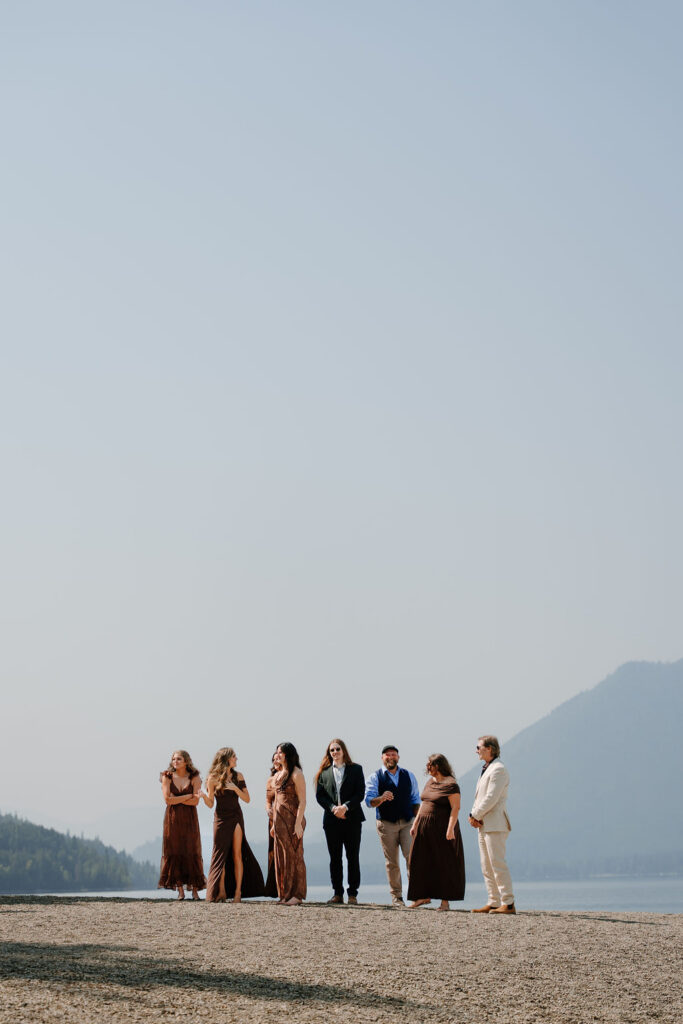 Guests eagerly await an intimate wedding ceremony at Avalanche Lake Amphitheater beginning